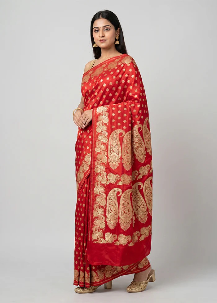 Red Handloom Banarasi Pure Silk Saree With Blouse Piece