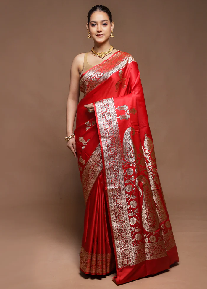 Red Handloom Banarasi Pure Silk Saree With Blouse Piece