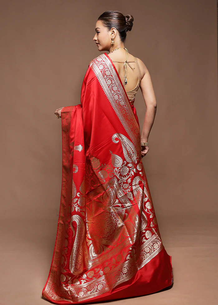 Red Handloom Banarasi Pure Silk Saree With Blouse Piece - Image 3