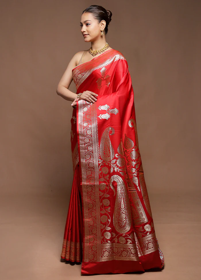 Red Handloom Banarasi Pure Silk Saree With Blouse Piece - Image 4