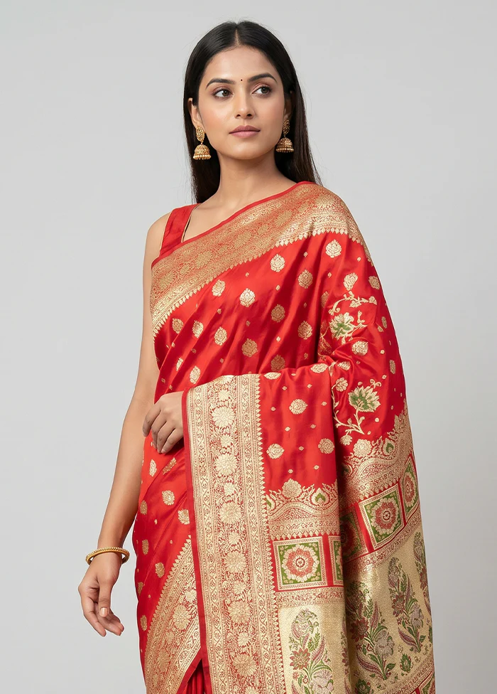 Red Handloom Banarasi Pure Silk Saree With Blouse Piece - Image 2