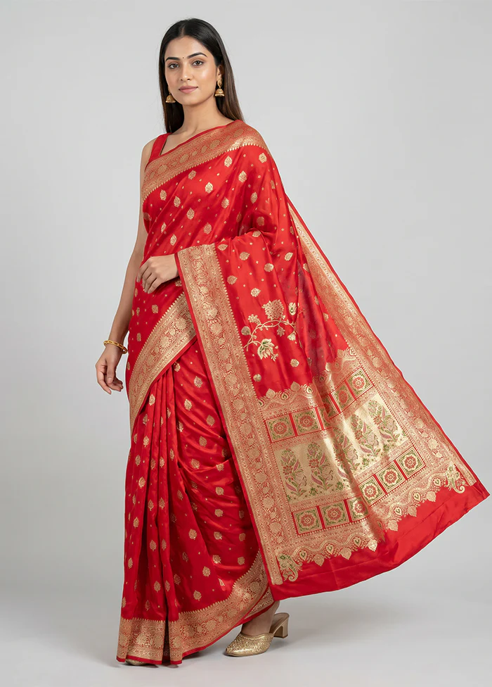 Red Handloom Banarasi Pure Silk Saree With Blouse Piece