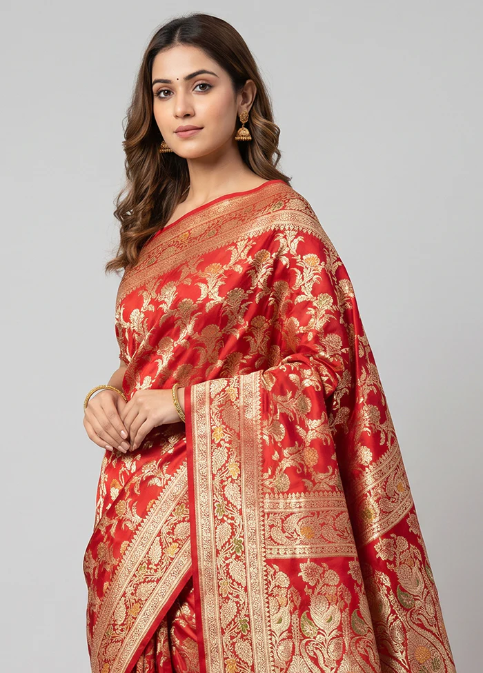 Red Handloom Banarasi Pure Silk Saree With Blouse Piece - Image 2