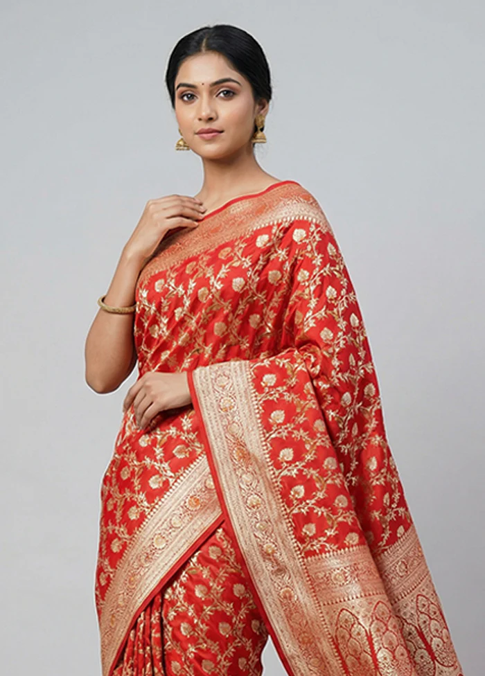 Red Handloom Banarasi Pure Silk Saree With Blouse Piece - Image 2