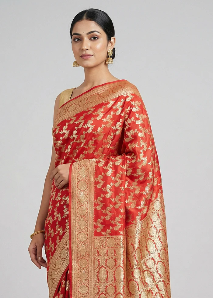 Red Handloom Banarasi Pure Silk Saree With Blouse Piece - Image 2