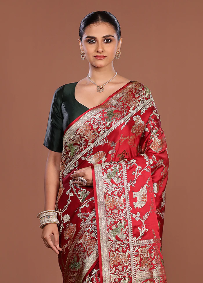 Red Handloom Banarasi Pure Silk Saree With Blouse Piece