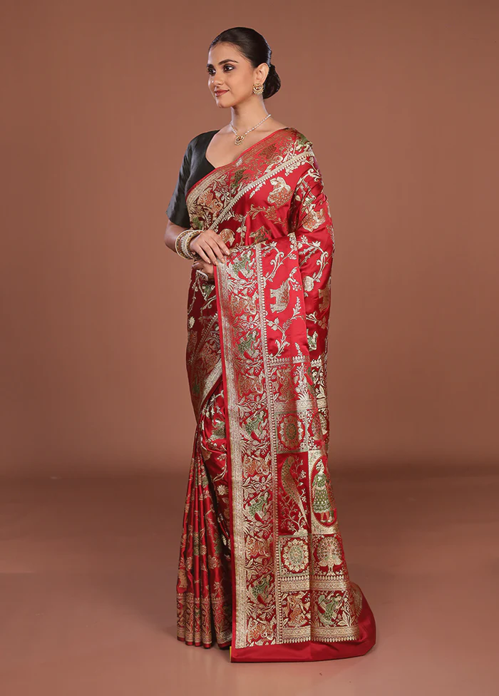 Red Handloom Banarasi Pure Silk Saree With Blouse Piece - Image 4