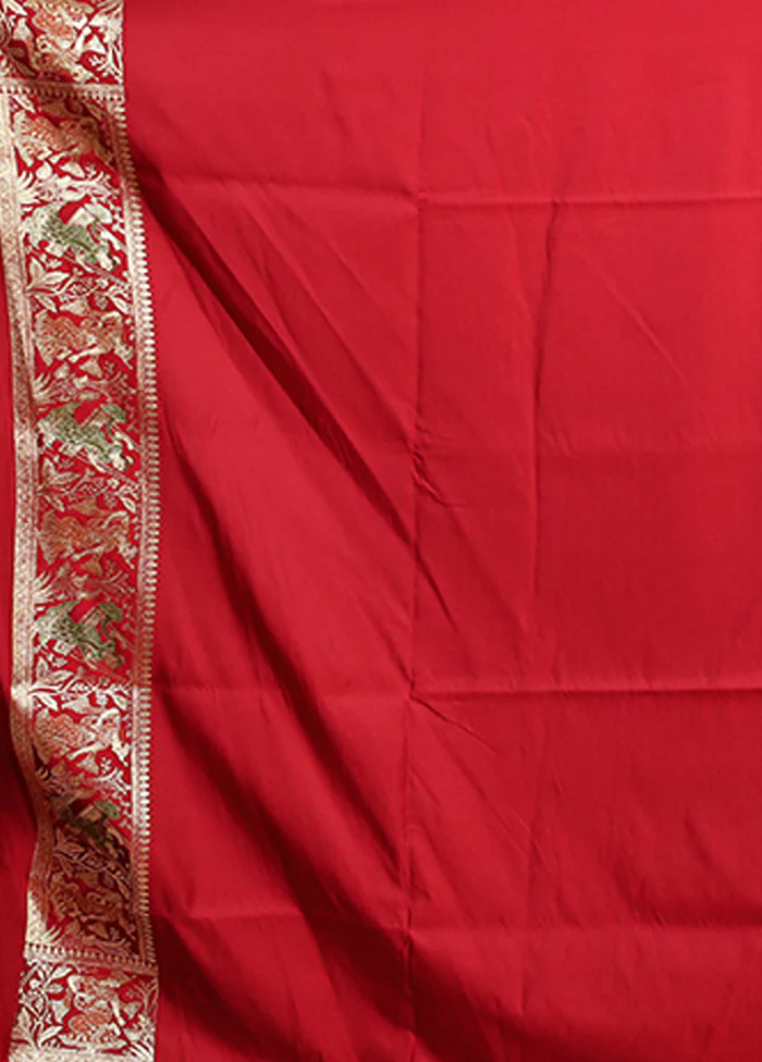 Red Handloom Banarasi Pure Silk Saree With Blouse Piece - Image 5