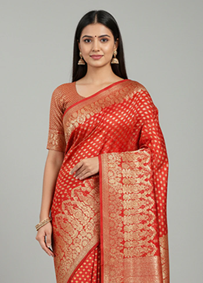 Red Handloom Banarasi Pure Silk Saree With Blouse Piece - Image 2
