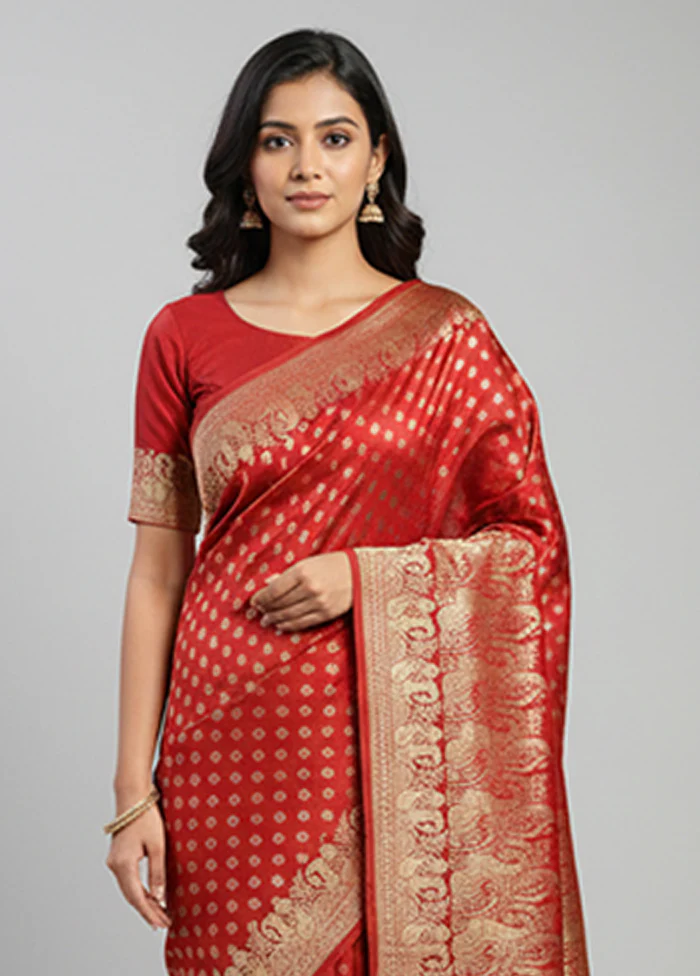 Red Handloom Banarasi Pure Silk Saree With Blouse Piece - Image 2