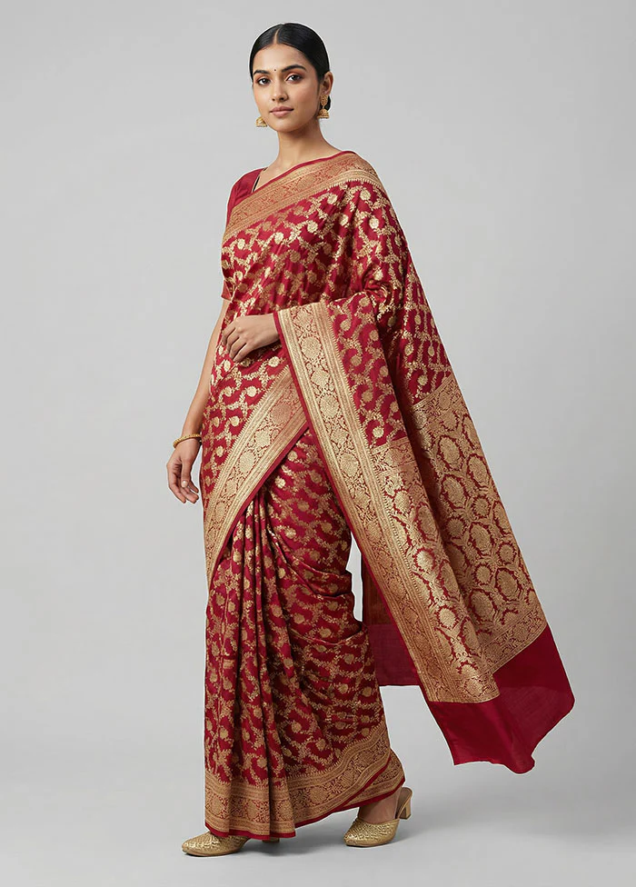 Red Handloom Banarasi Pure Silk Saree With Blouse Piece