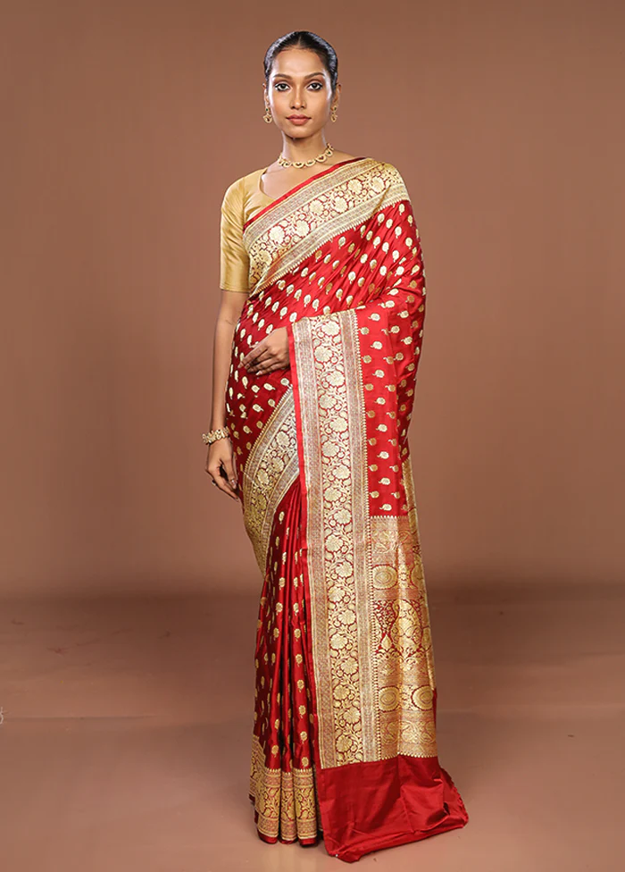 Red Handloom Banarasi Pure Silk Saree With Blouse Piece - Image 2