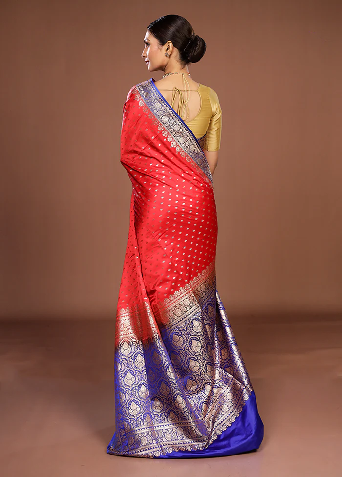 Red Handloom Banarasi Silk Saree With Blouse Piece - Image 3
