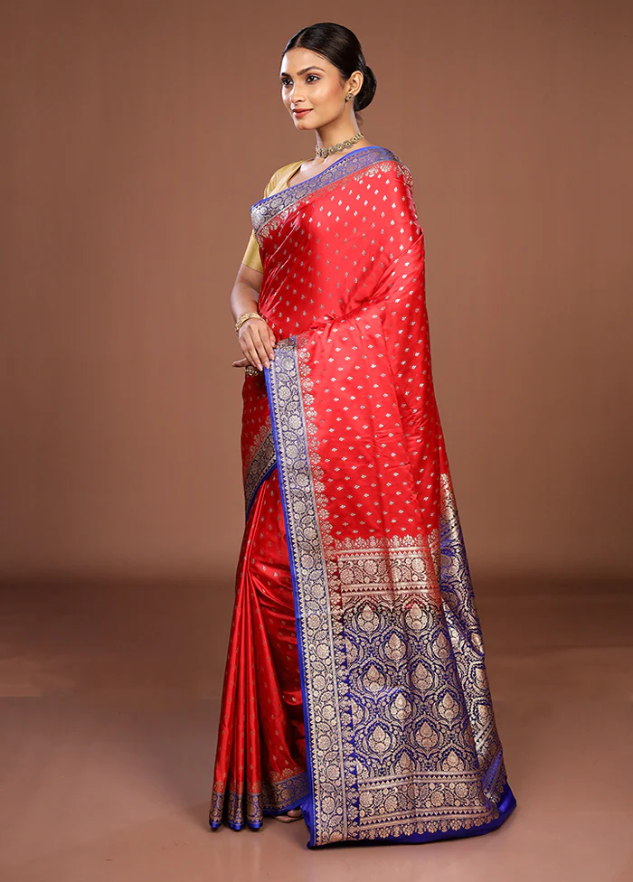 Red Handloom Banarasi Silk Saree With Blouse Piece - Image 4
