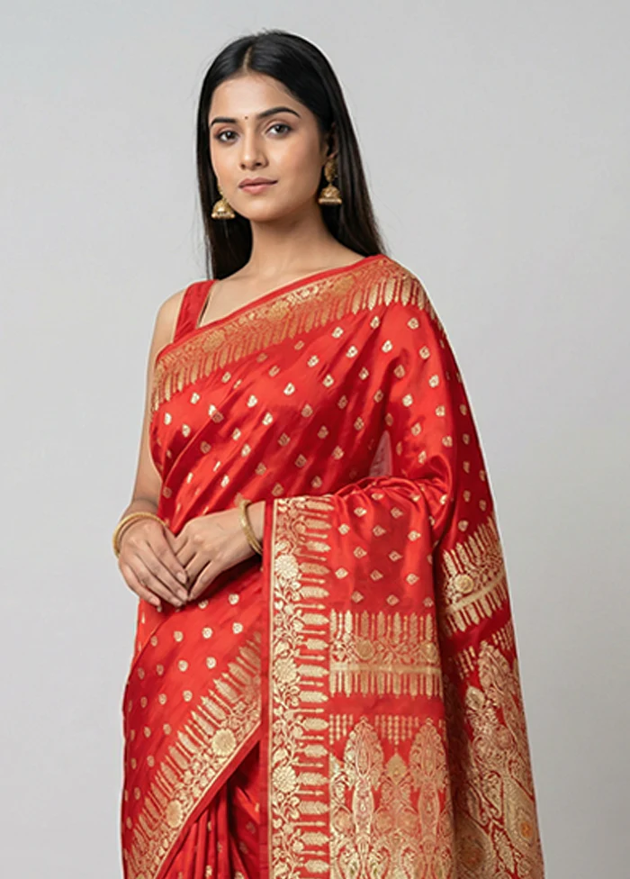 Red Handloom Banarasi Pure Silk Saree With Blouse Piece - Image 2