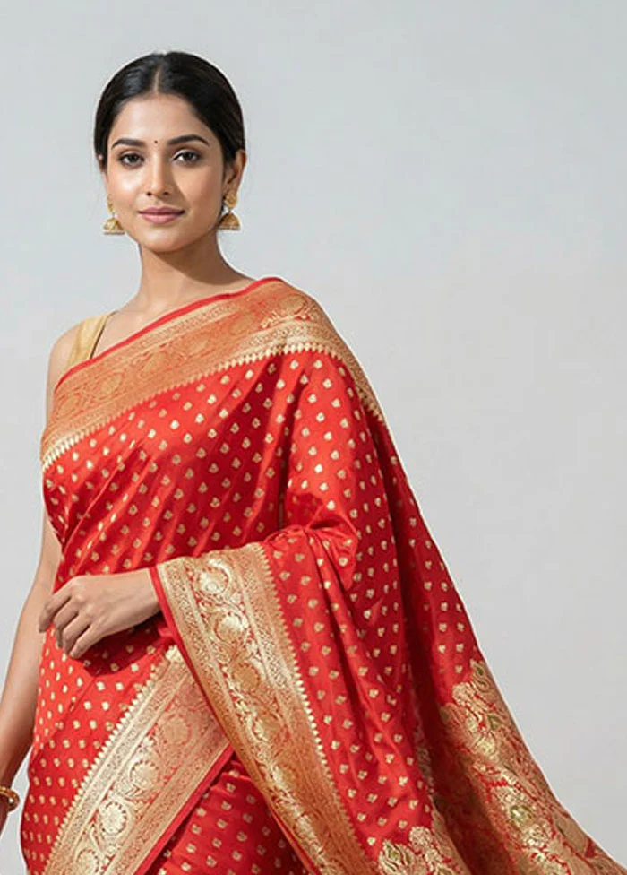 Red Handloom Banarasi Pure Silk Saree With Blouse Piece - Image 2