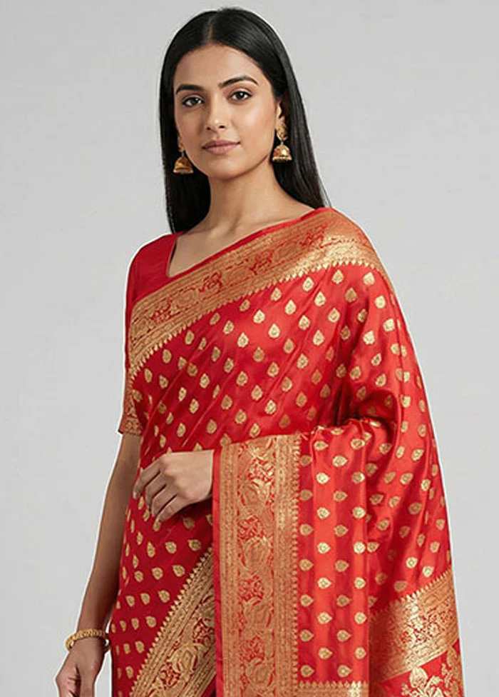 Red Handloom Banarasi Pure Silk Saree With Blouse Piece - Image 2
