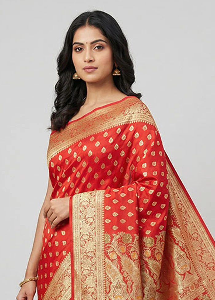 Red Handloom Banarasi Pure Silk Saree With Blouse Piece - Image 2