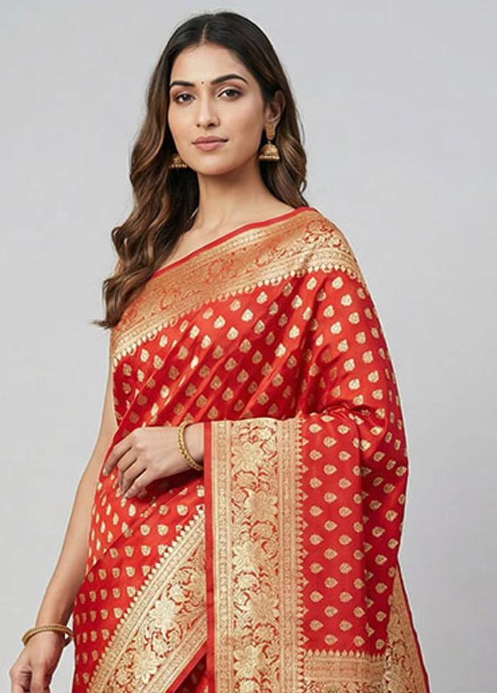 Red Handloom Banarasi Pure Silk Saree With Blouse Piece - Image 2