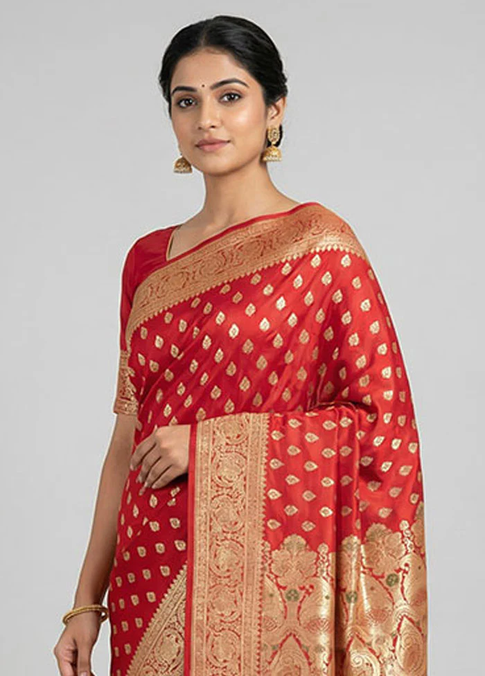 Red Handloom Banarasi Pure Silk Saree With Blouse Piece - Image 2