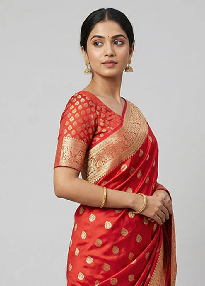 Red Handloom Banarasi Pure Silk Saree With Blouse Piece - Image 2