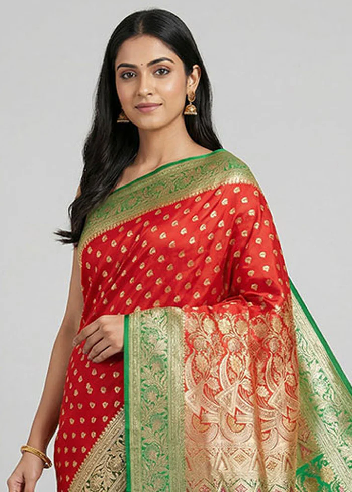 Red Handloom Banarasi Pure Silk Saree With Blouse Piece - Image 2