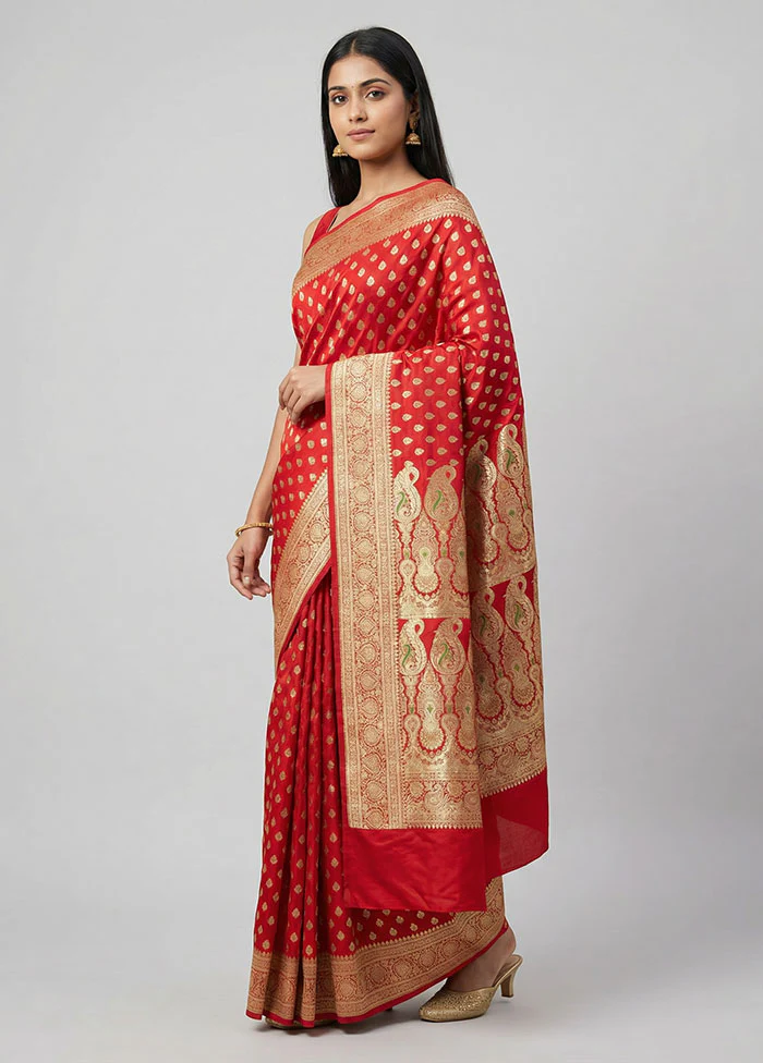 Red Handloom Banarasi Pure Silk Saree With Blouse Piece