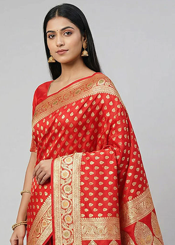 Red Handloom Banarasi Pure Silk Saree With Blouse Piece - Image 2