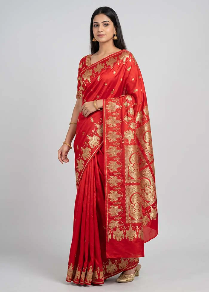 Red Handloom Banarasi Pure Silk Saree With Blouse Piece