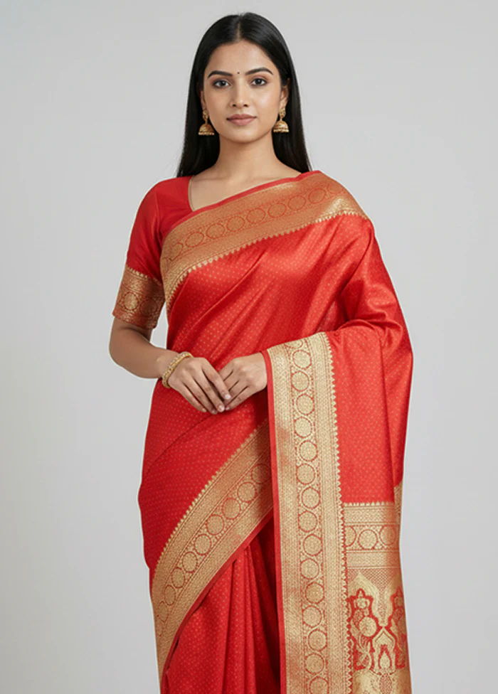 Red Handloom Banarasi Pure Silk Saree With Blouse Piece - Image 2