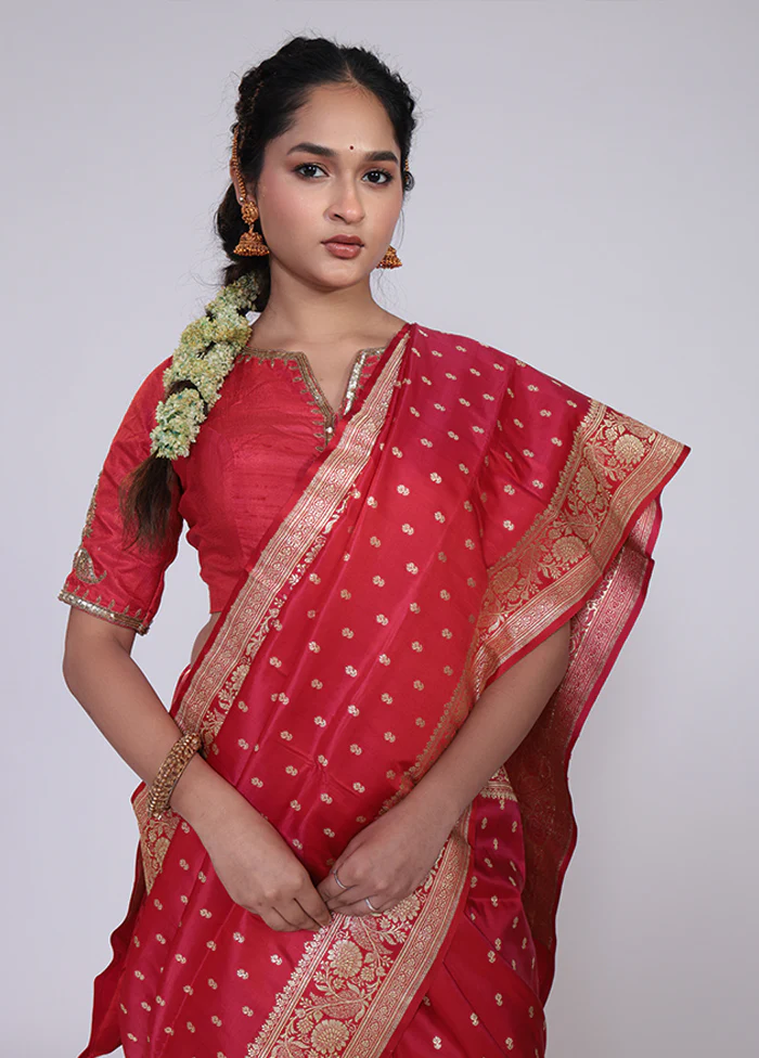 Red Handloom Banarasi Pure Silk Saree With Blouse Piece - Image 2