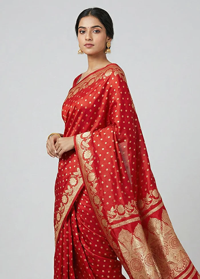 Red Handloom Banarasi Pure Silk Saree With Blouse Piece - Image 2