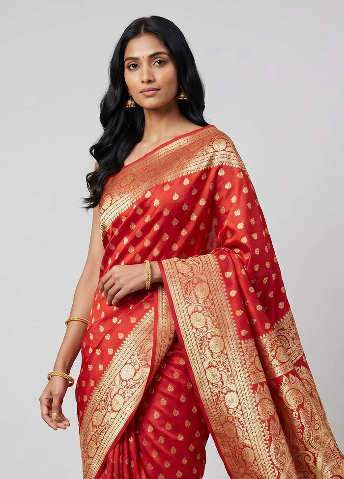 Red Handloom Banarasi Pure Silk Saree With Blouse Piece - Image 2