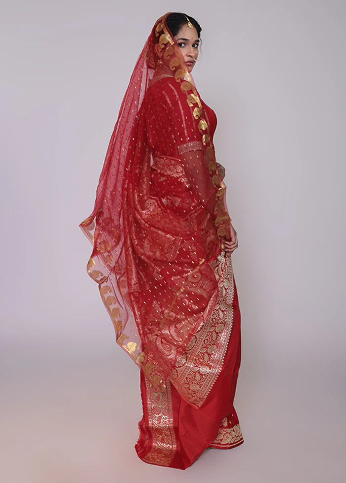 Red Handloom Banarasi Pure Silk Saree With Blouse Piece - Image 3