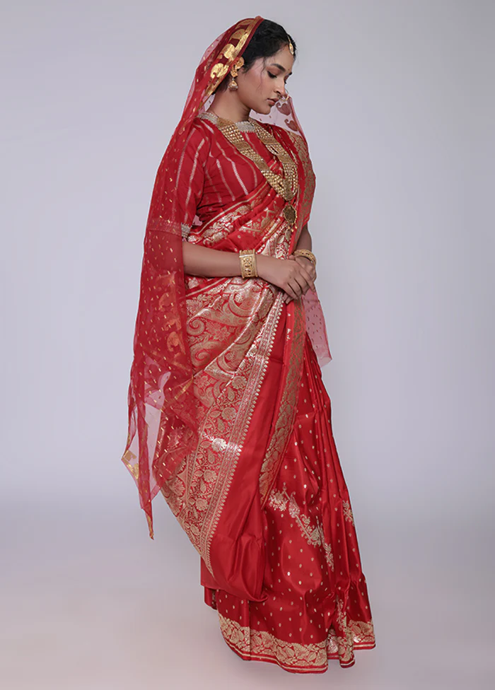Red Handloom Banarasi Pure Silk Saree With Blouse Piece - Image 4