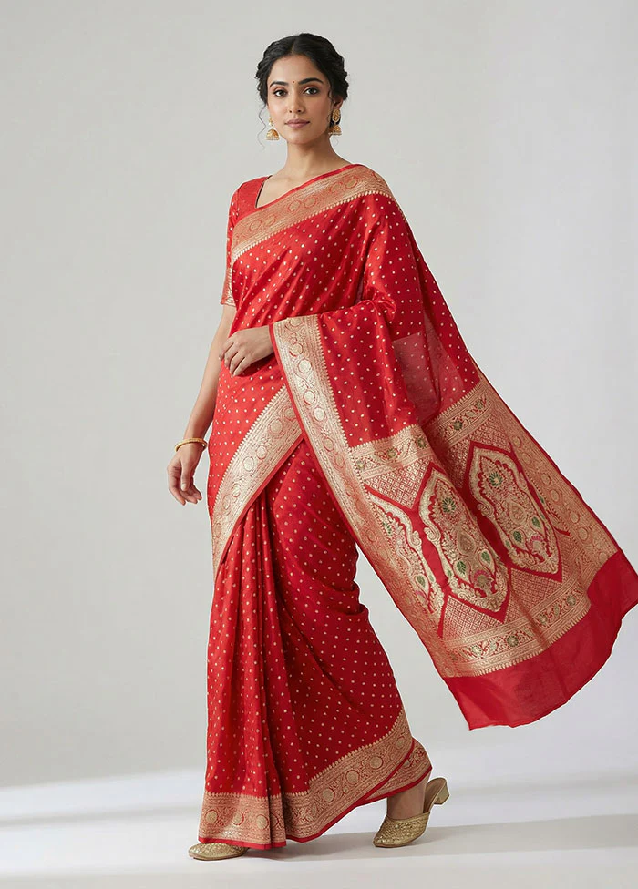 Red Handloom Banarasi Pure Silk Saree With Blouse Piece