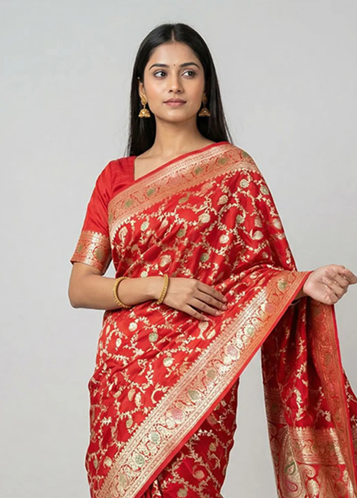 Red Handloom Banarasi Pure Silk Saree With Blouse Piece - Image 2