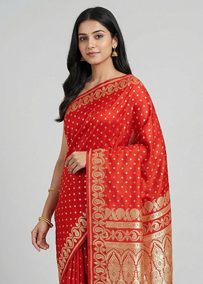 Red Handloom Banarasi Pure Silk Saree With Blouse Piece - Image 2