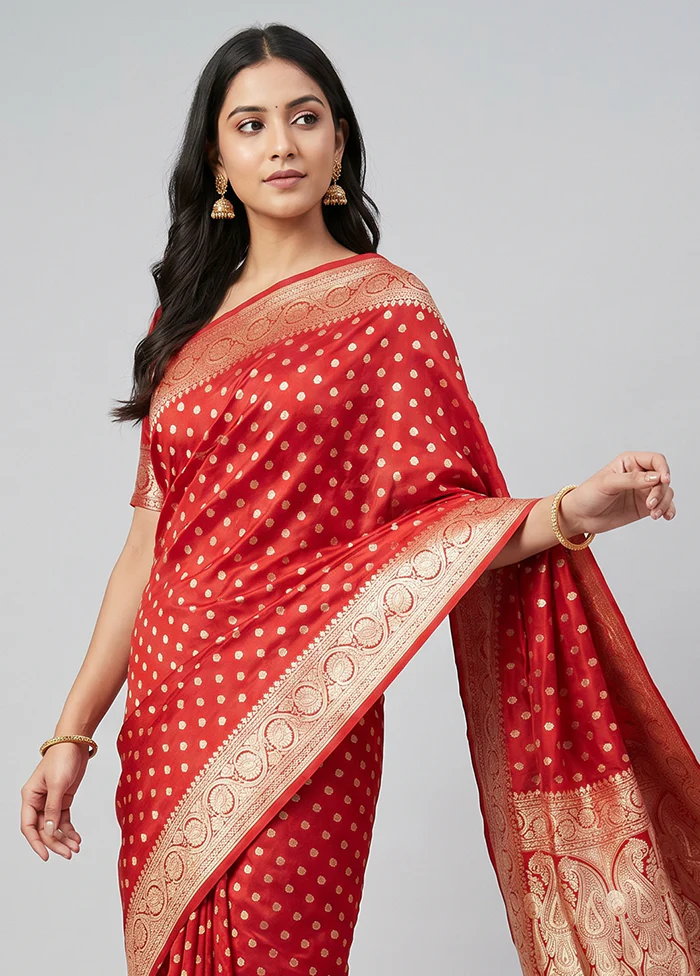 Red Handloom Banarasi Pure Silk Saree With Blouse Piece - Image 2