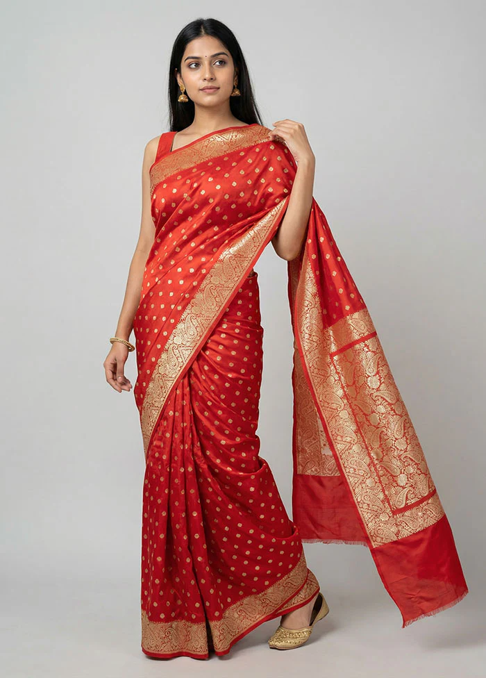 Red Handloom Banarasi Pure Silk Saree With Blouse Piece