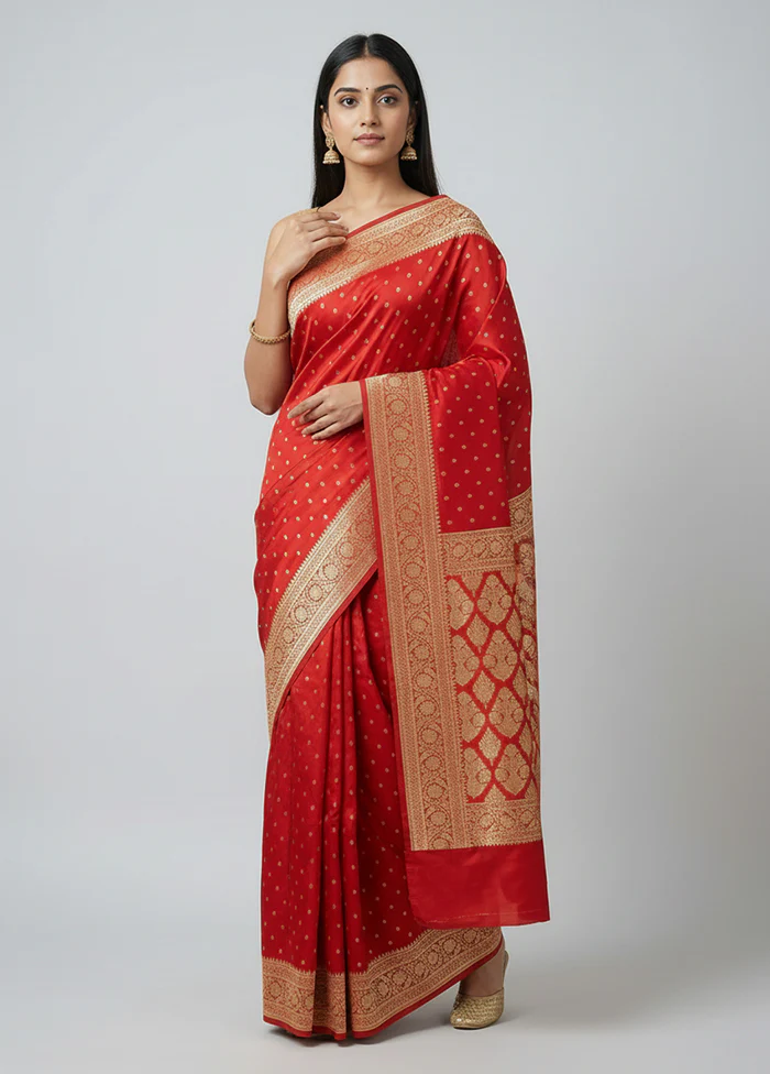 Red Handloom Banarasi Pure Silk Saree With Blouse Piece