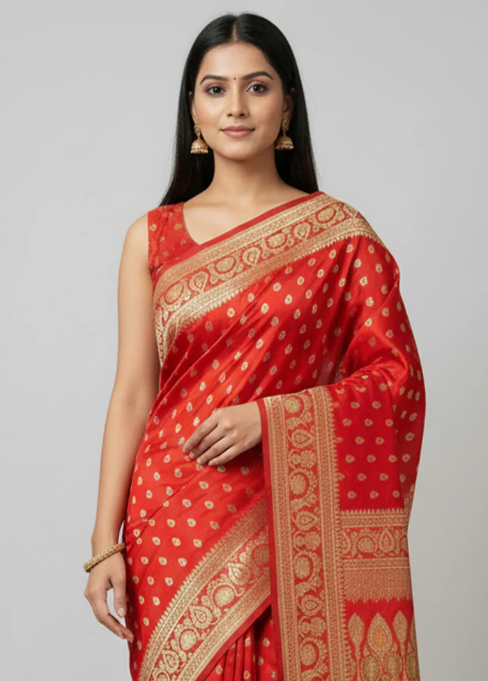 Red Handloom Banarasi Pure Silk Saree With Blouse Piece - Image 2