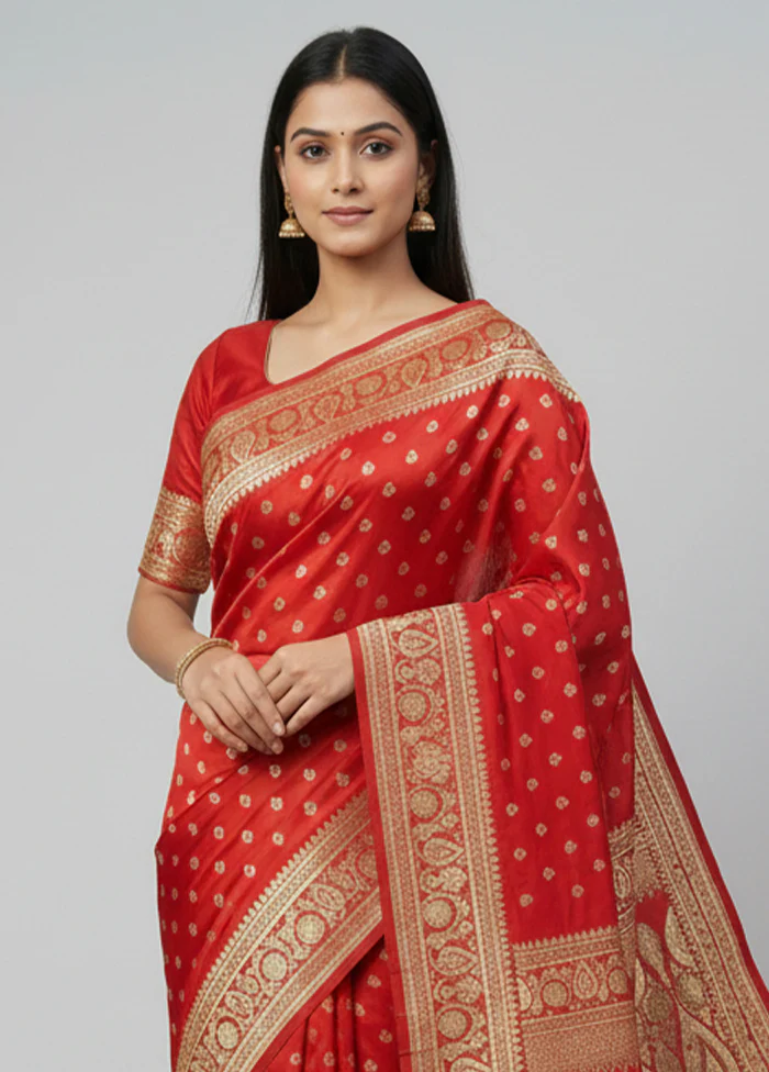 Red Handloom Banarasi Pure Silk Saree With Blouse Piece - Image 2