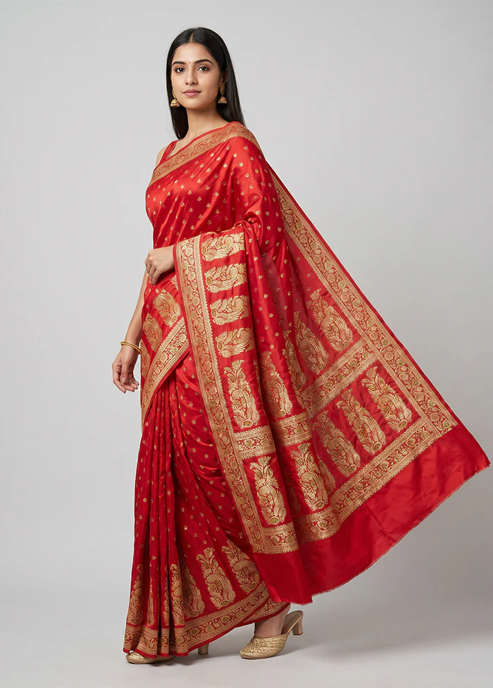 Red Handloom Banarasi Pure Silk Saree With Blouse Piece
