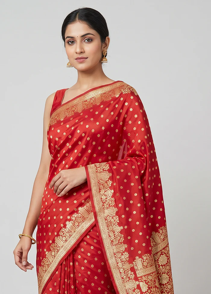 Red Handloom Banarasi Pure Silk Saree With Blouse Piece - Image 2