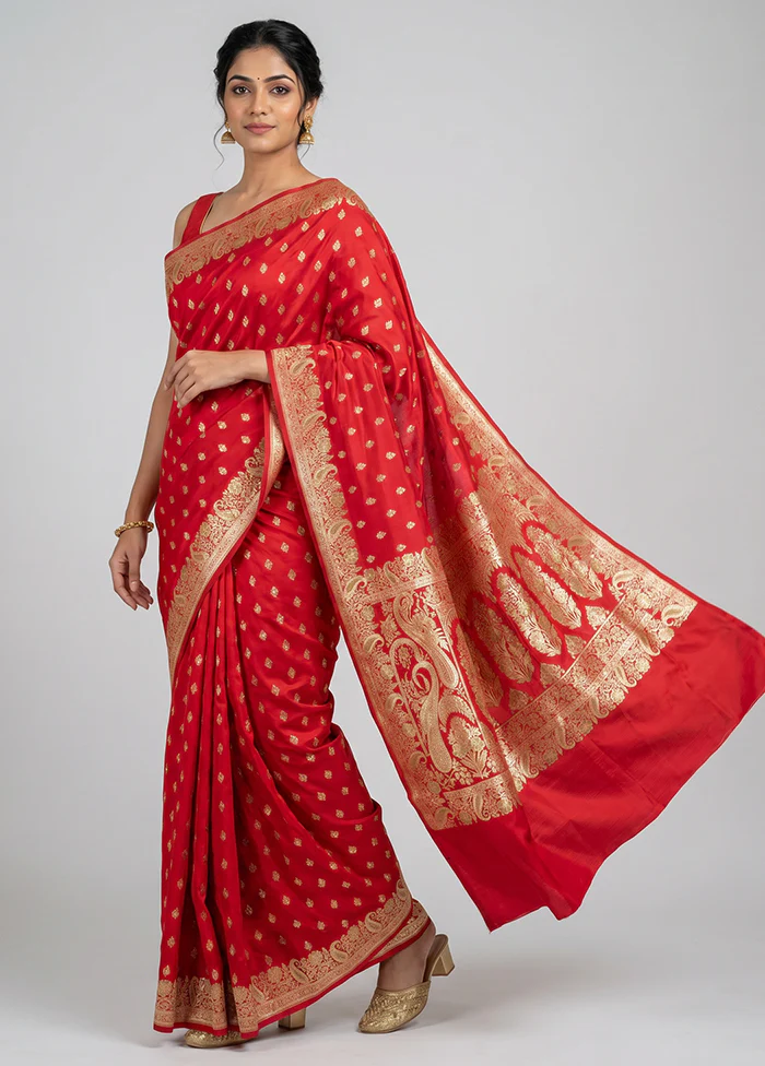 Red Handloom Banarasi Pure Silk Saree With Blouse Piece