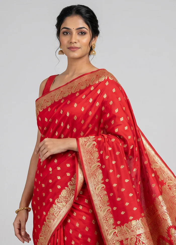 Red Handloom Banarasi Pure Silk Saree With Blouse Piece - Image 2
