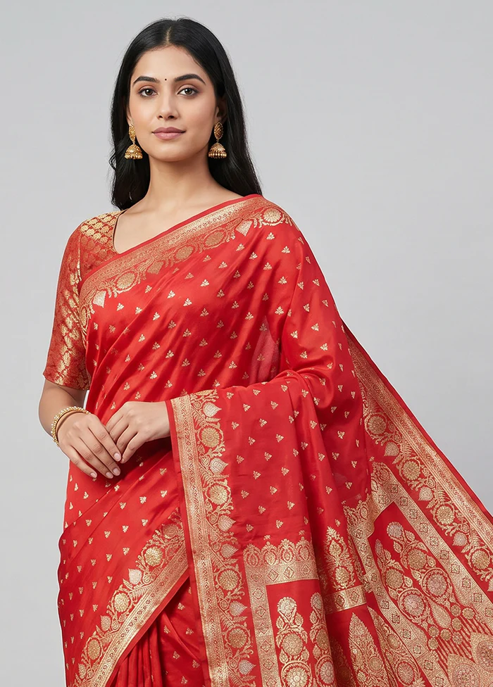 Red Handloom Banarasi Pure Silk Saree With Blouse Piece - Image 2