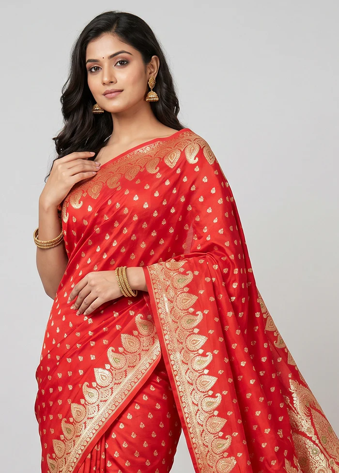 Red Handloom Banarasi Pure Silk Saree With Blouse Piece - Image 2