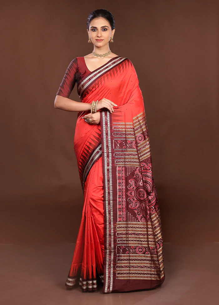Red Handloom Bomkai Pure Silk Saree With Blouse Piece - Image 2